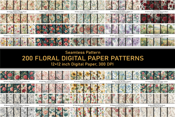 200 Floral Digital Paper Patterns Bundle