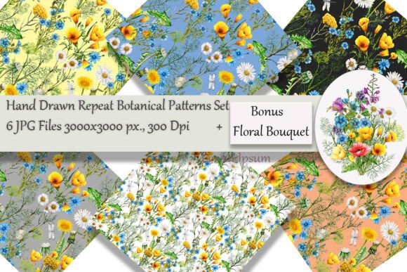 Hand Drawn Repeat Floral Patterns Bonus